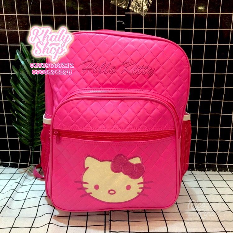 Balo, cặp táp 17" 3 ngăn hình Hello Kitty da mềm đan chéo màu hồng đậm cho học sinh bé gái - BLKTHDDC (30x15x42cm)