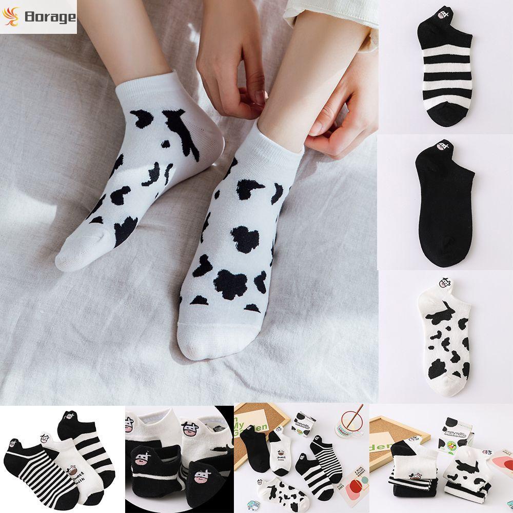 Vớ thuyền giữ ấm thêu hình bò sữa hoạt hình màu trắng đen dễ thương cho nữ