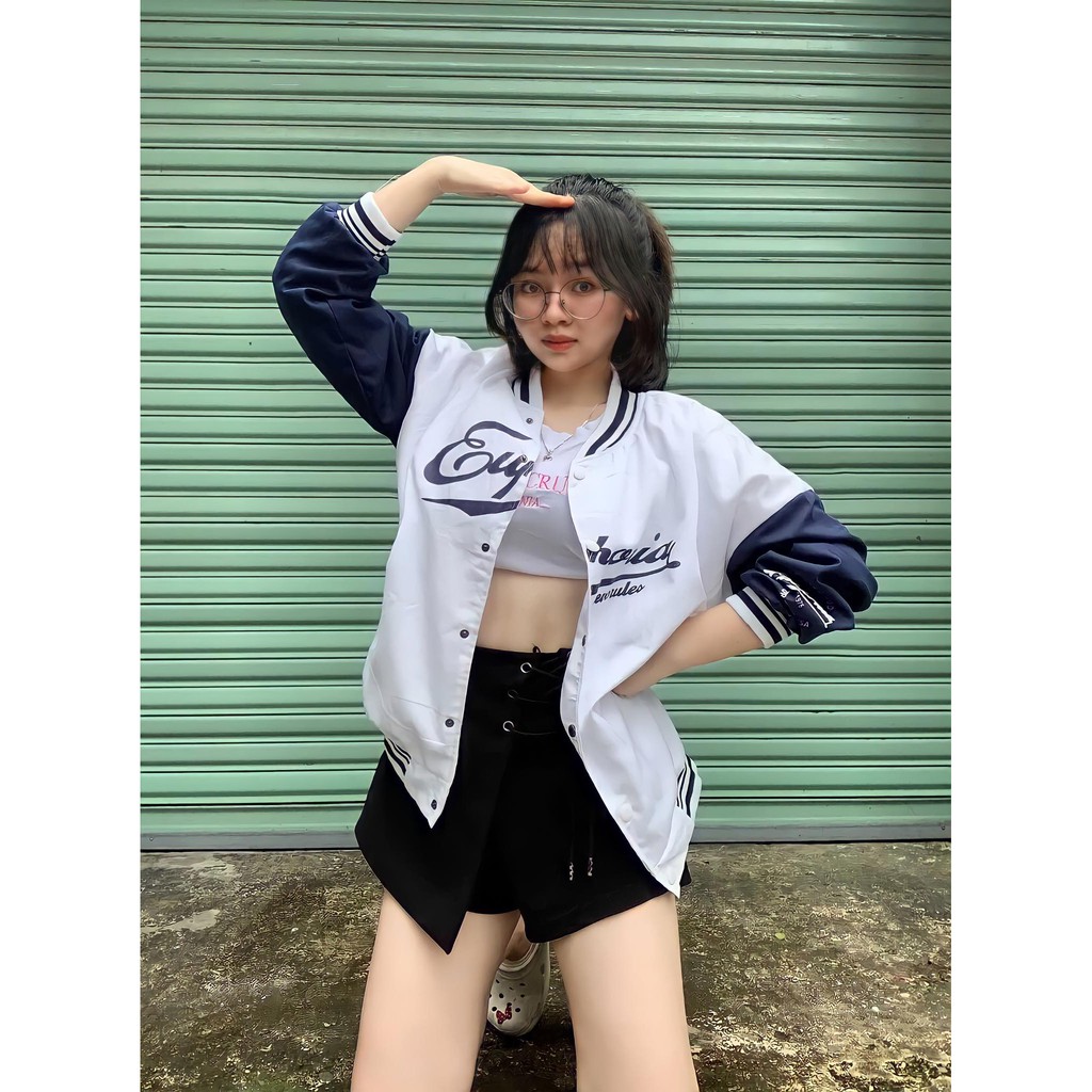 Áo Bomber Nữ Euporia - Rew2021 - Áo Khoác Bóng Chày  - Chất Liệu Kaki 2 Lớp  Đẹp -  Cúc Bấm- Nam Nữ Unisex  Đều Mặc Được