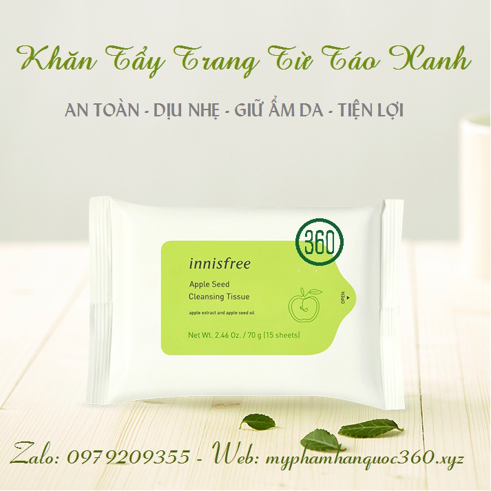 Khăn Tẩy Trang Từ Táo Xanh – Innisfree Apple Seed Cleansing Tissue 15 miếng