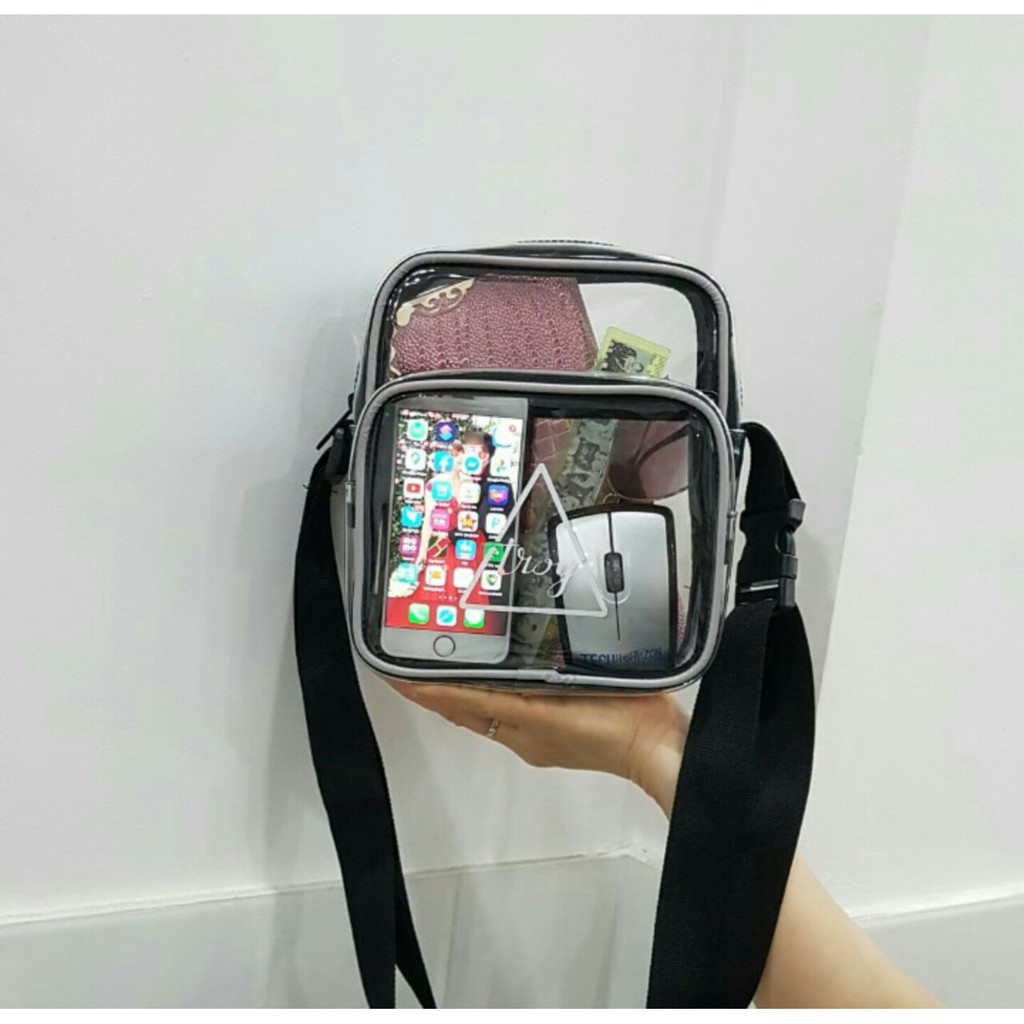 Túi đeo chéo nam nữ nhựa trong suốt viền gân trắng phản quang dây đeo bản lớn 3cm NEW TREND 2021