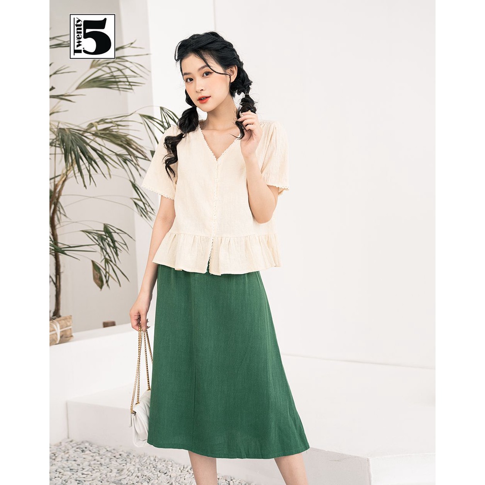 Áo kiểu nữ ulzzang viền ren xếp ly xòe eo 4 cúc vải đũi mát Twentyfive 4116