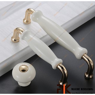 Tay nắm tủ bếp sứ trắng vàng NK338-V (2 vít cách 128mm, Màu Trắng)