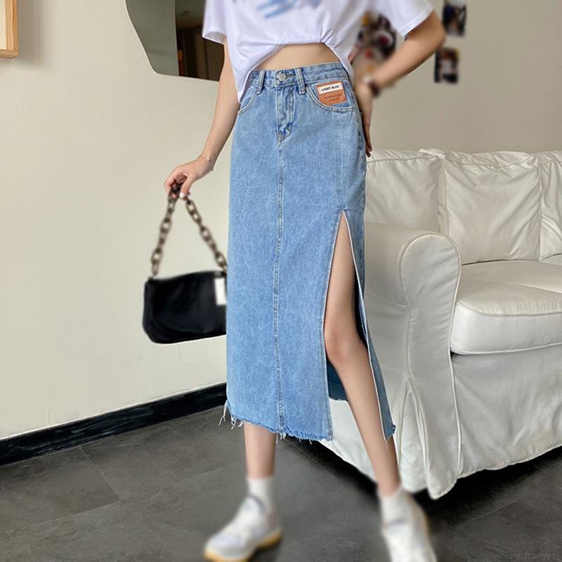 Chân Váy Denim Lưng Cao Xẻ Tà Quyến Rũ Cho Nữ