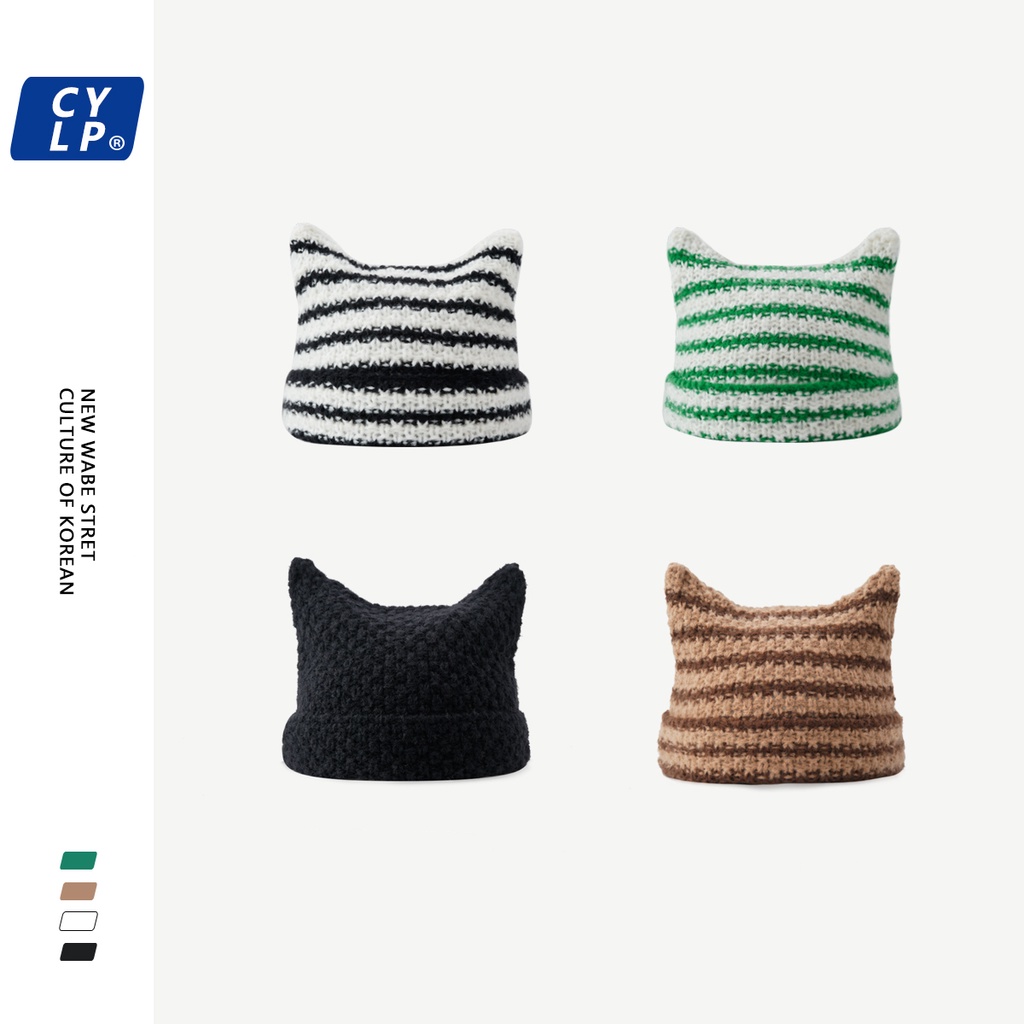 Mũ Len Kẻ Sọc Đính Tai Mèo Dễ Thương Thời Trang Thu Đông Cho Nữ
