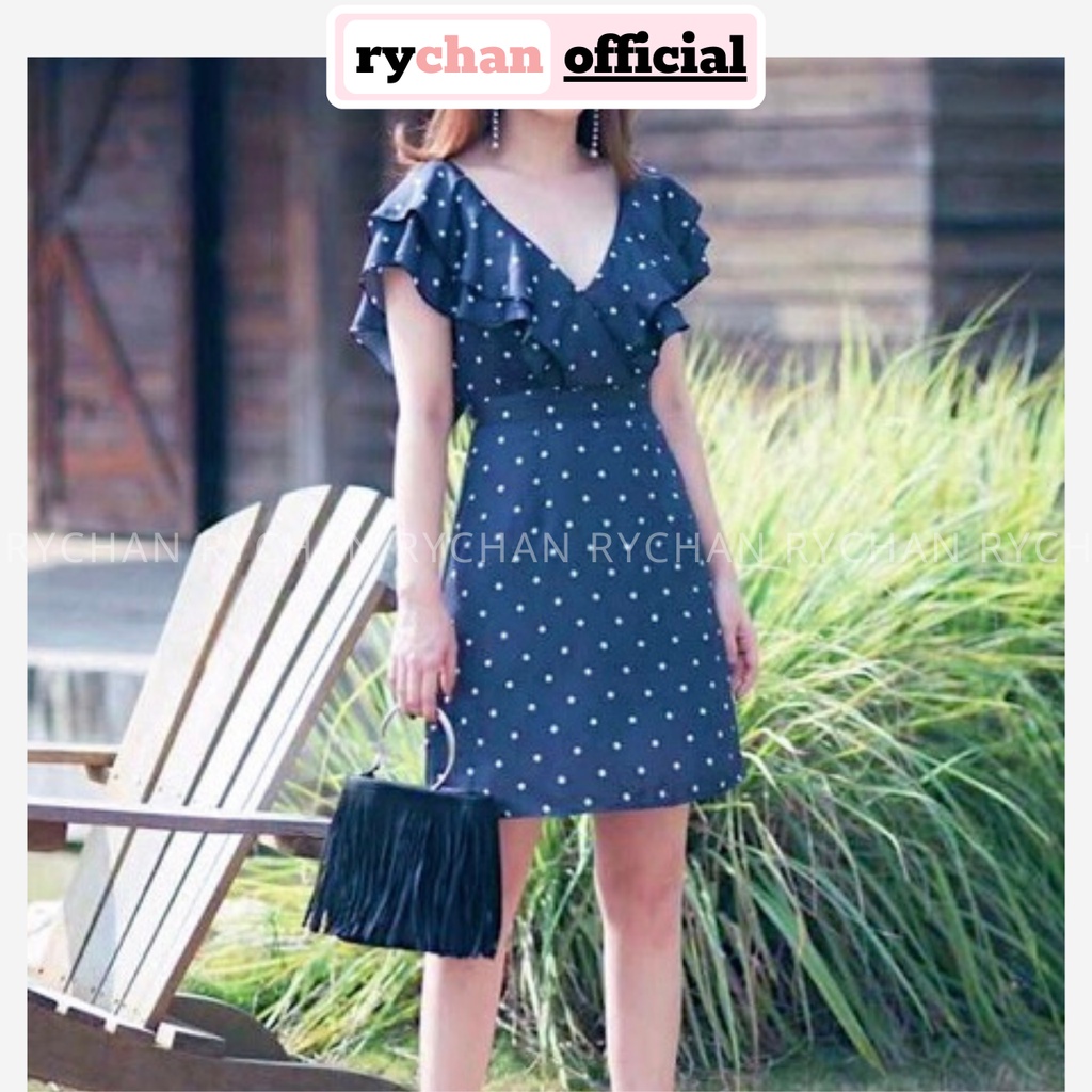 Đầm Váy Nữ Đi Biển Họa Tiết Chấm Bi Form Ngắn Cổ Tim Phối Bèo, Đầm Nữ Bo Eo Màu Xanh - DX9853