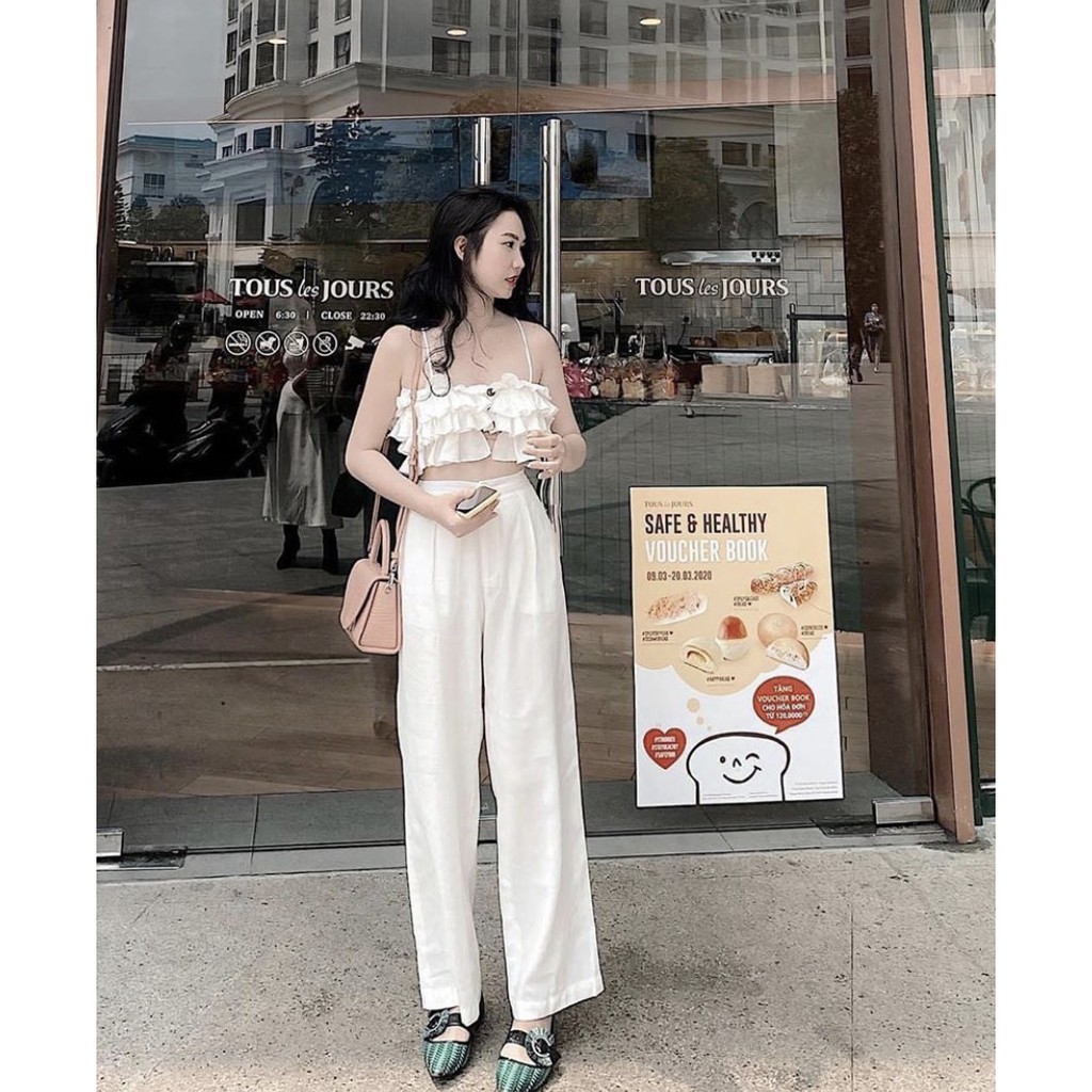 Áo 2 Dây Croptop Bèo 4 Tầng Nút Gỗ (TRẮNG) | BigBuy360 - bigbuy360.vn