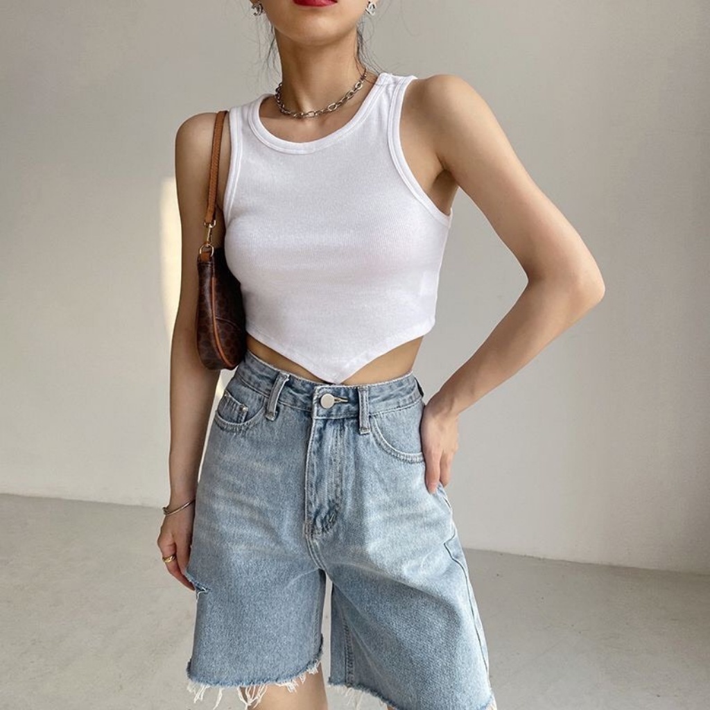 Áo croptop ba lỗ trơn vạt nhọn chất thun gân , croptop nữ 3 lỗ sát nách