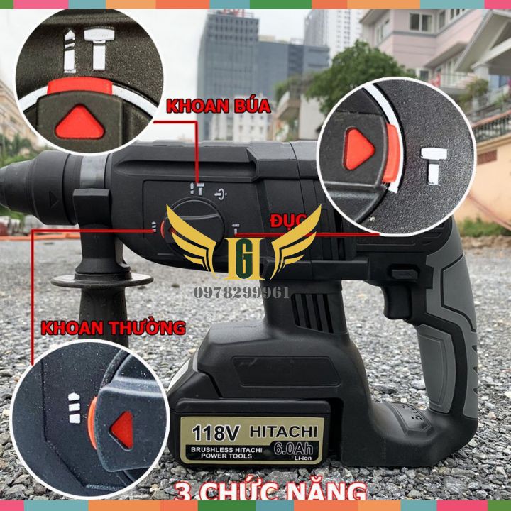 Máy Khoan Đục Bê Tông Hitachi 118V, không chổi than 2 Pin+Tặng Mũi Khoan Đục Như Hình