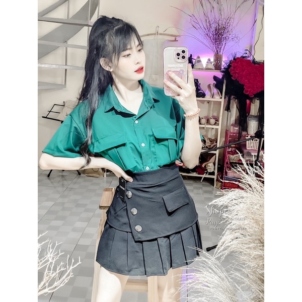 Set áo sơmi túi nắp phối chân váy tầng nút