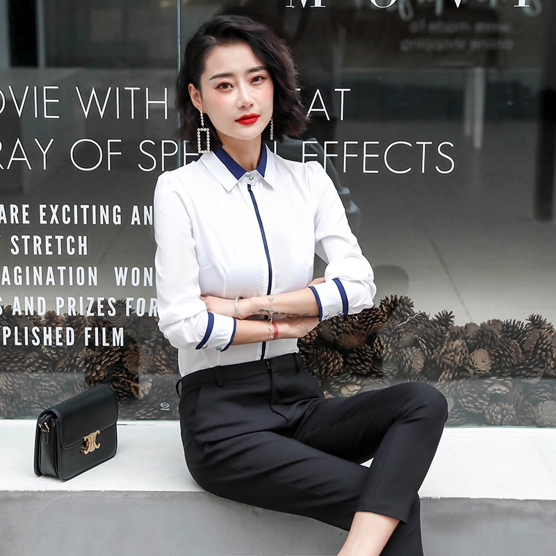 Áo sơ mi Polyester tay dài phong cách Hàn Quốc cổ Polo thanh lịch trẻ trung cho nữ