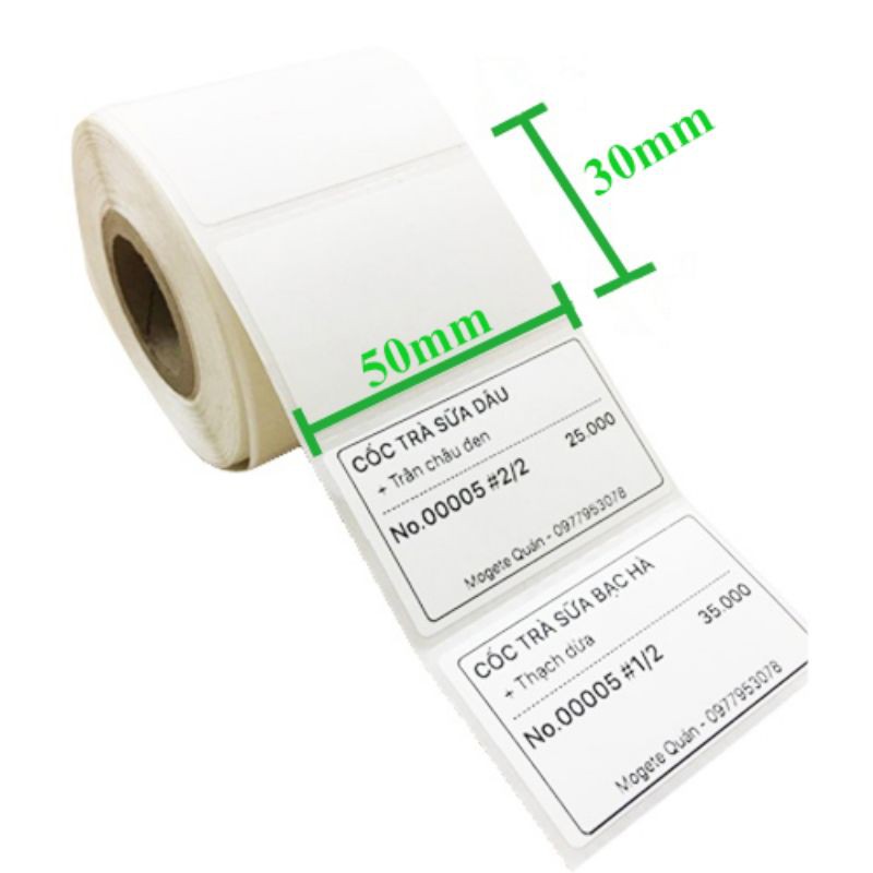 50 cuộn decal, tem in nhiệt 50x30mm, 40x25mm dài 30m