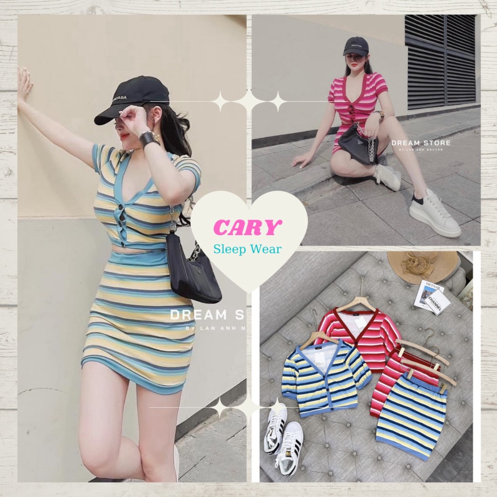 Set áo croptop nữ kèm chân váy kẻ sọc co giãn ngắn tay mùa xuân siêu hot kèm ảnh thật