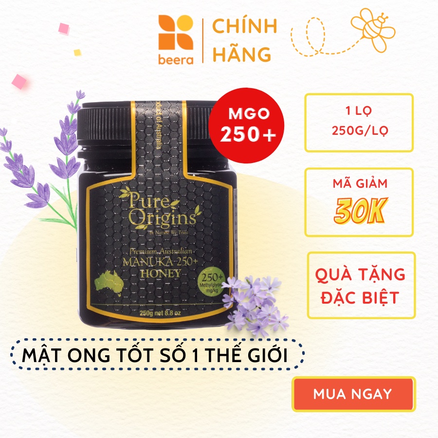 Mật Ong Manuka MGO 250+ Pure Origins Beera hỗ trợ tiêu hoá, giảm sâu răng (250g)