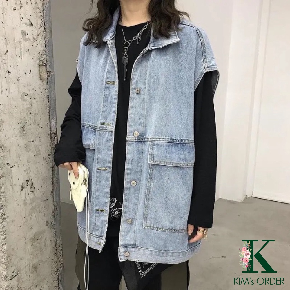 Áo khoác nữ jean màu xanh đen sát nách phom rộng nam nữ Unisex phong cách bụi bặm cực chất Ulzzang Hàn Quốc