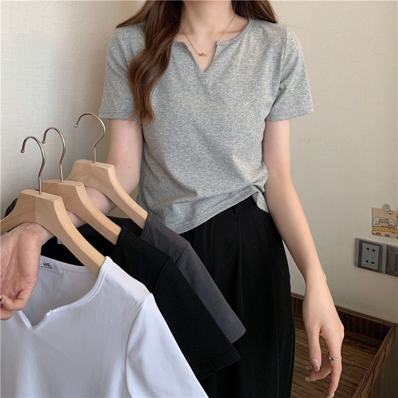 Áo Thun Tay Ngắn Màu Trơn Đơn Giản Cho Nữ 164214 Áo Thun Cổ Chữ v Màu Trơn Form Rộng Kiểu Dáng Đơn Giản