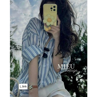 Áo sơ mi kẻ sọc xanh dài tay unisex