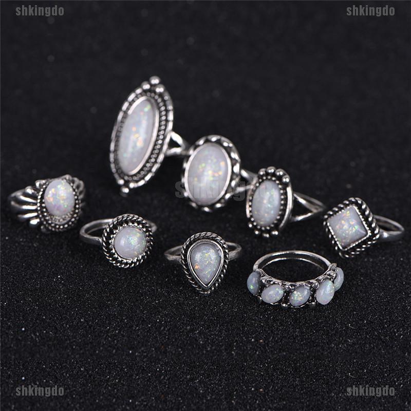 Set 8 Nhẫn Đính Hôn Mạ Bạc Có Đính Đá Opal Cho Nữ