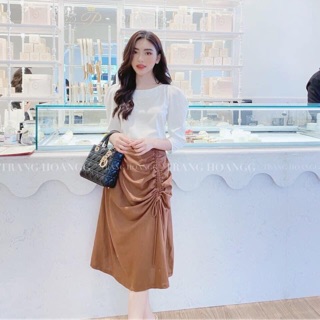 Bán sỉ sét áo sơ mi trắng mix chân váy nâu rút dây cho nữ