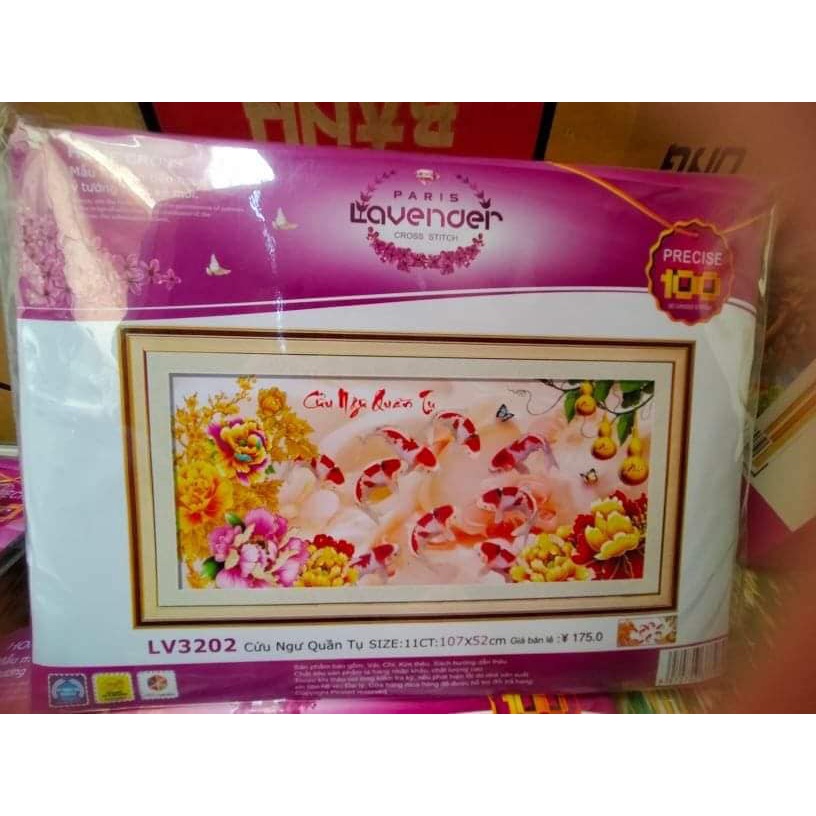 Tranh thêu chữ thập cá cửu ngư quần hội KT:107x52cm,tranh chưa thêu .Tặng kéo và xỏ chỉ.
