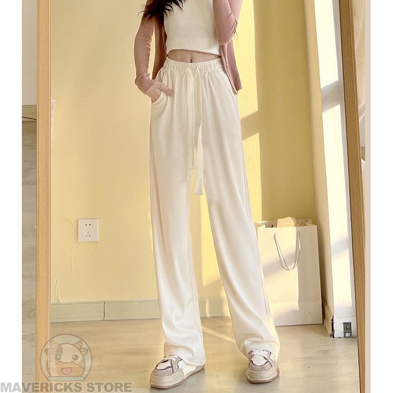 Quần Lụa Lạnh Mỏng Ống Rộng Lưng Cao Thời Trang Mùa Hè Phong Cách Hàn Quốc Dành Cho Nữ