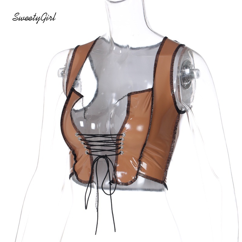 Áo Tank Top Da Pu Dáng Ôm Cắt Sâu Màu Tương Phản Thời Trang Quyến Rũ Cho Nữ