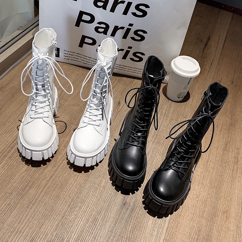 Giày bốt da Martin cổ cao- Giầy boots đế cao gót thời trang phong cách Hàn Quốc khóa kéo ống cao 24Cm full Box/đen