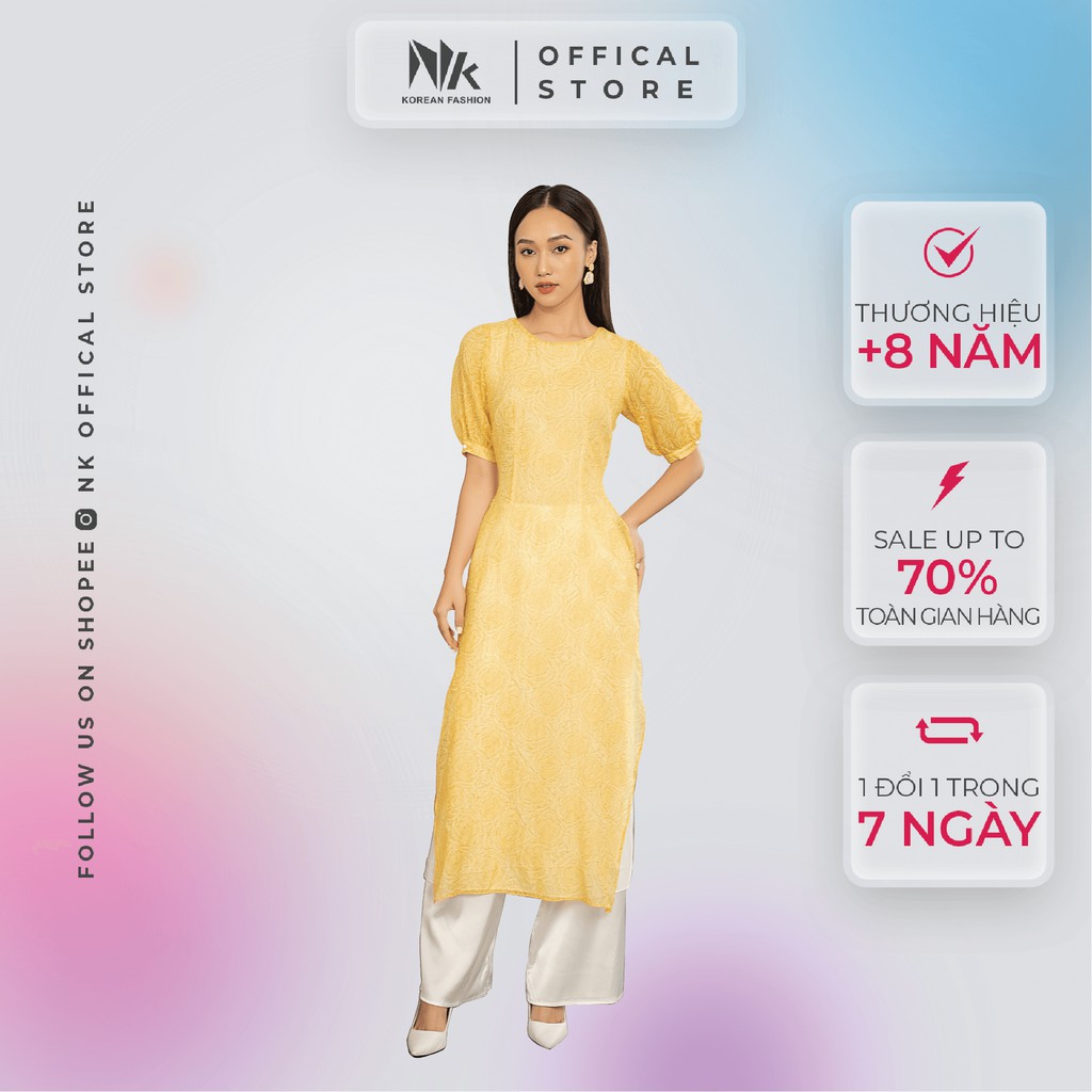 Áo Dài Nữ NK FASHION Cổ Tròn Cách Điệu, Tay Lỡ Bồng Phối Ren, Chất Liệu Mềm Mịn, Cao Cấp NKBD2010006
