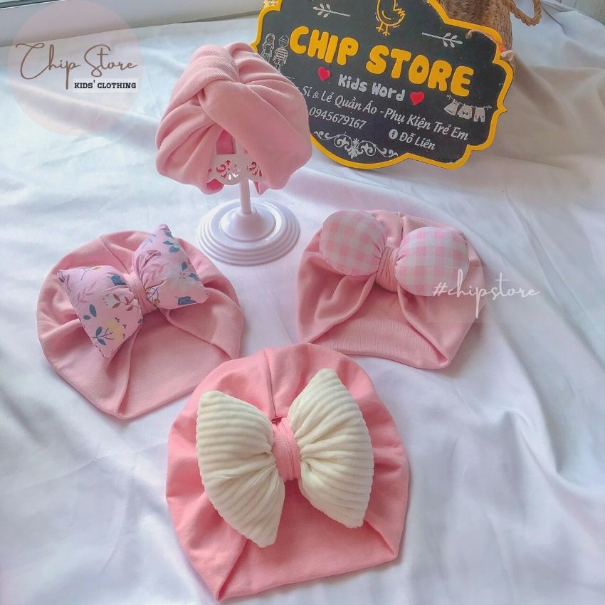 Mũ turban cho bé gái CHIP STORE thun cotton co giãn thoải mái có size 3 tháng - 1 tuổi