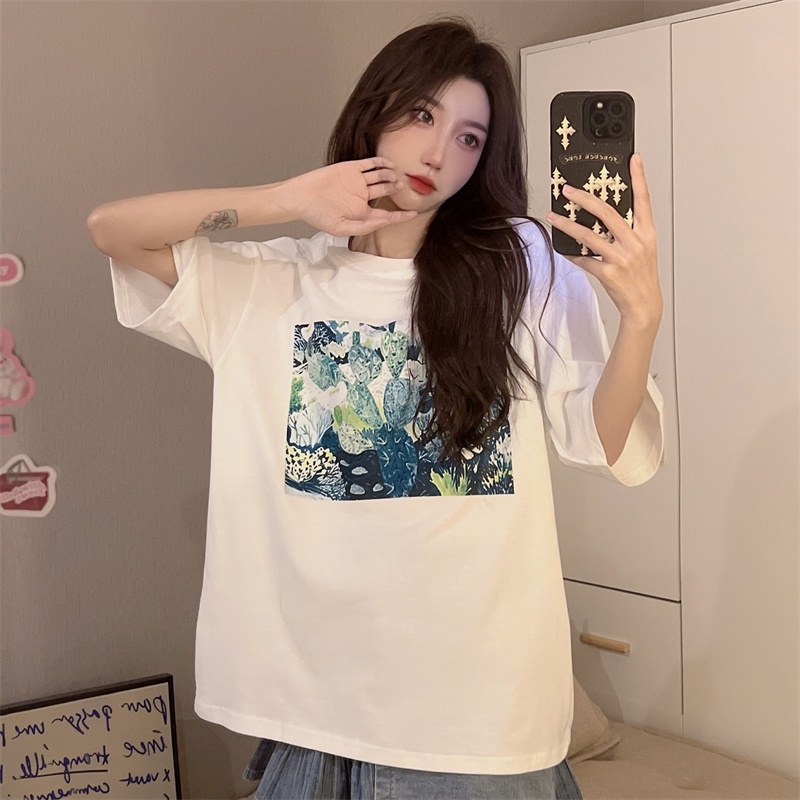 Áo thun SUXI tay ngắn cổ tròn dáng rộng in họa tiết đơn giản thời trang mùa hè cho nữ