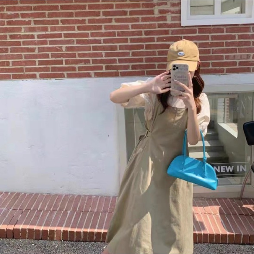 Váy yếm nữ kèm áo tay bồng đầm dự tiệc váy cưới phong cách tiểu thư Hàn Quốc hai màu đen, kaki thời trang