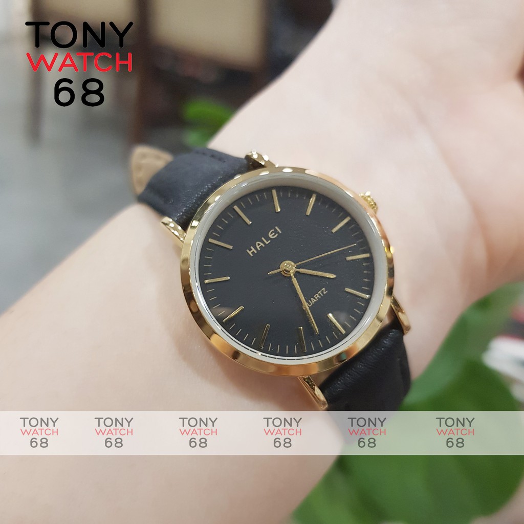 Đồng hồ nữ Halei dây da nâu mặt số vạch chính hãng Tony Watch 68