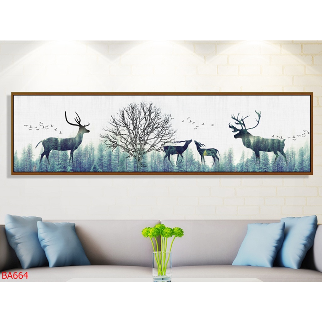 Tranh hươu ngang dài size lớn [dài 160cm] cao cấp Treo Tường Tráng gương