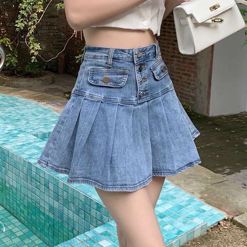 VÁY JEANS LƯNG CAO XOÈ XẾP LY CÓ QUẦN