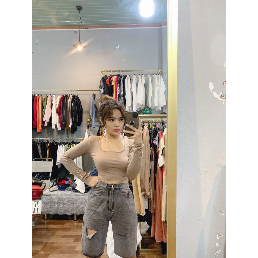 Áo thun lụa croptop dài tay cổ vuông rộng siêu hot sang chảnh