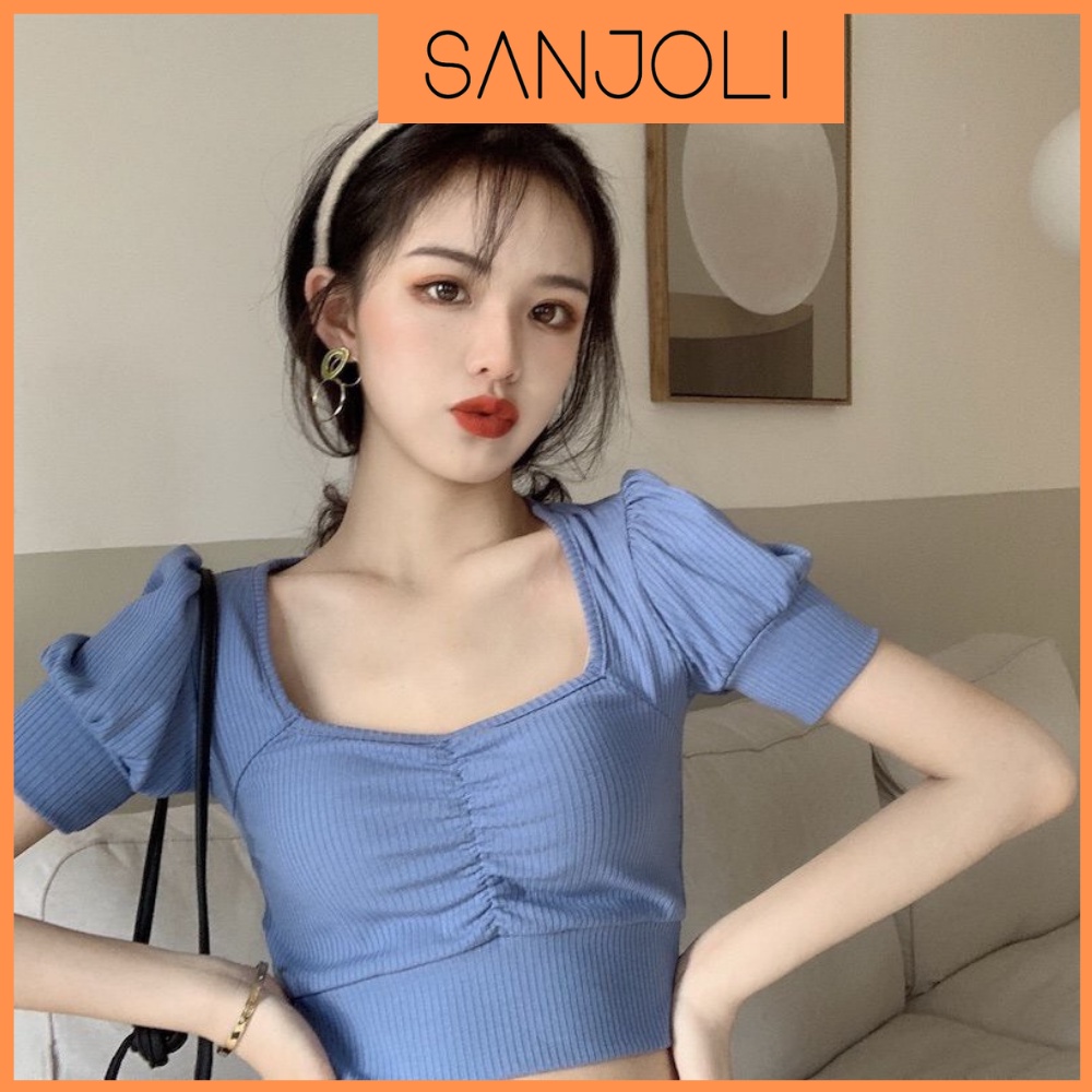 Áo Croptop Kiểu SANJOLI Áo Croptop Nữ Cổ V Cúp Ngực Chất Len Tăm Tay Ngắn Kiểu Ulzzang Màu Đỏ AO012