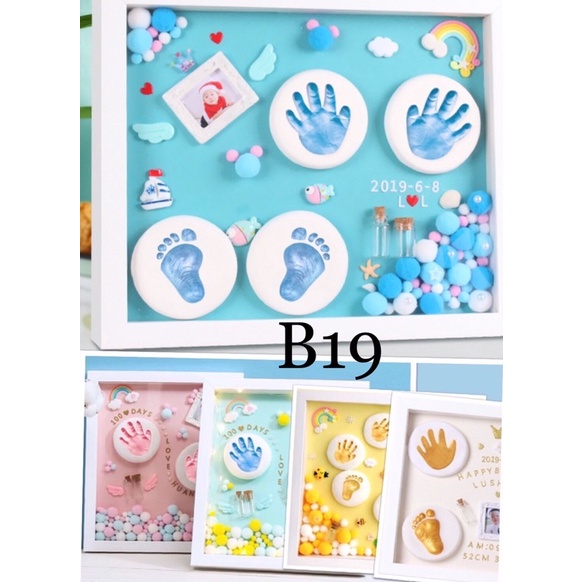 Khung tranh handmade kèm phụ kiện charm, khung ảnh và đất sét tự khô in dấu chân tay cho bé Baby sociu