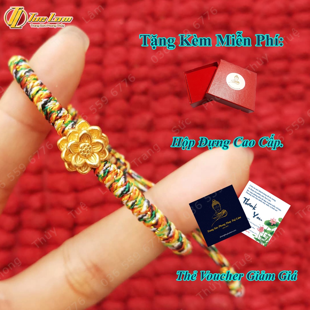 Vòng tay chỉ ngũ sắc tây tạng may mắn bện handmade charm hoa sen bạc mạ màu vàng bình an - Tuệ Lâm