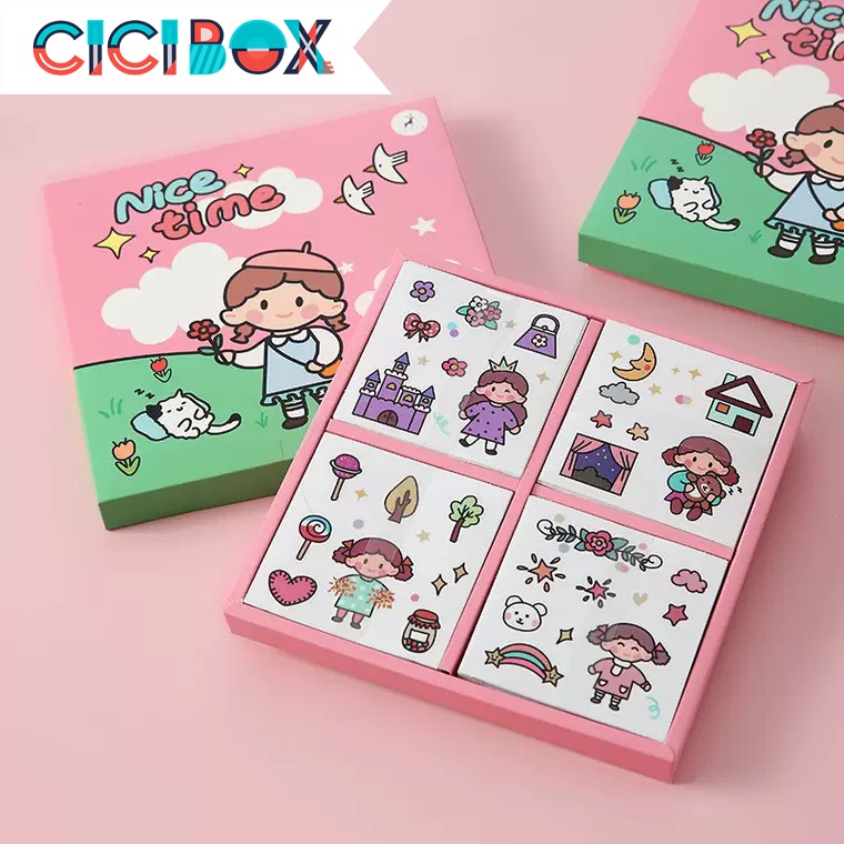 Hộp 100 tấm sticker dễ thương họa tiết hoạt hình, hình dán cute trang trí sổ CICIBOX