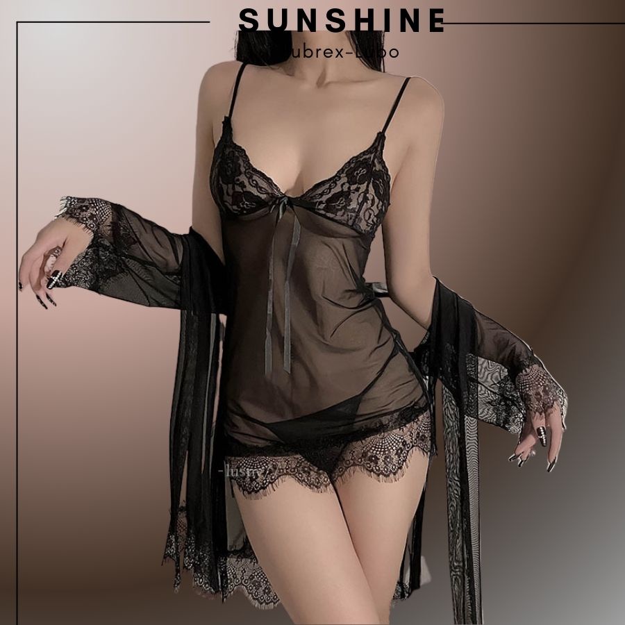 Combo Áo choàng ngủ kèm váy ngủ nữ sexy gợi cảm 2 dây màu đen xuyên thấu - SUNSHINE 1083 | BigBuy360 - bigbuy360.vn