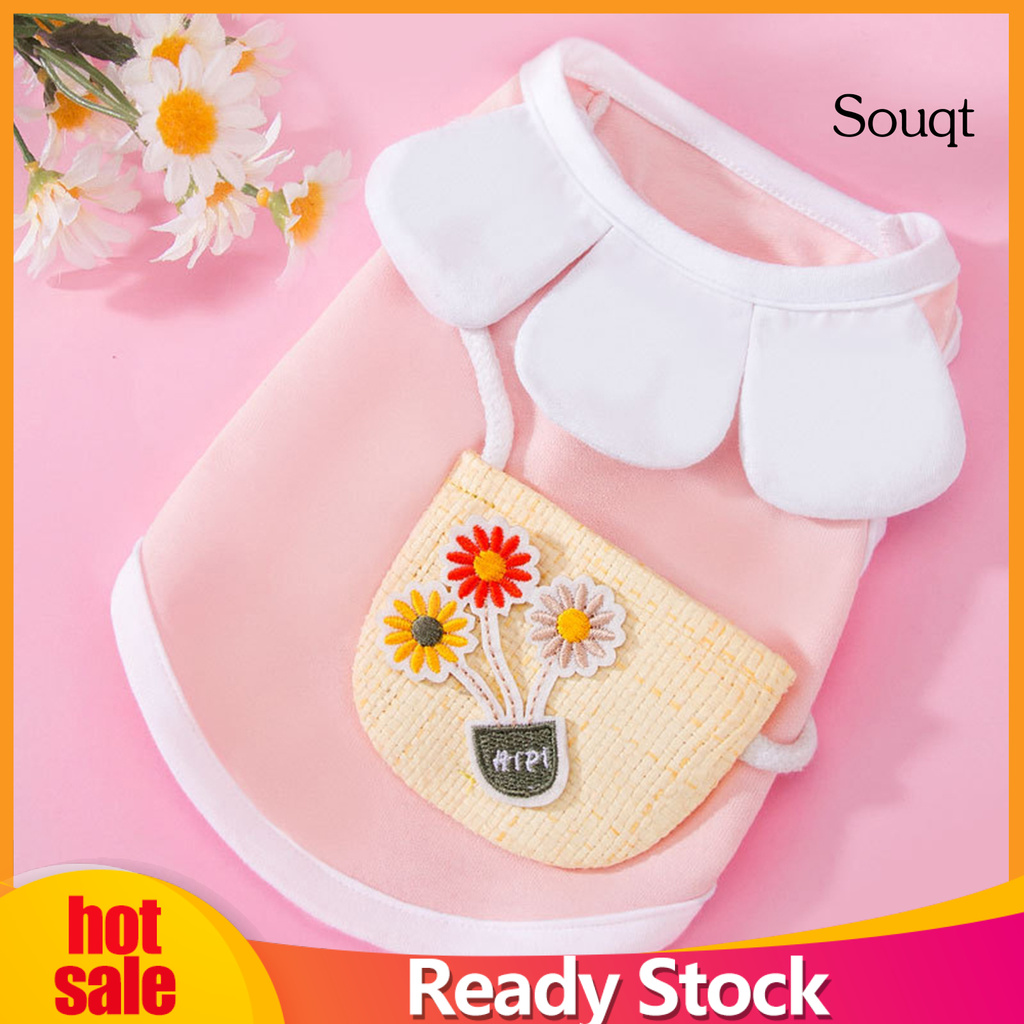 Áo Không Tay Cho Cún Cưng Vải Cotton Trang Trí Túi Và Hoa Xinh Xắn
