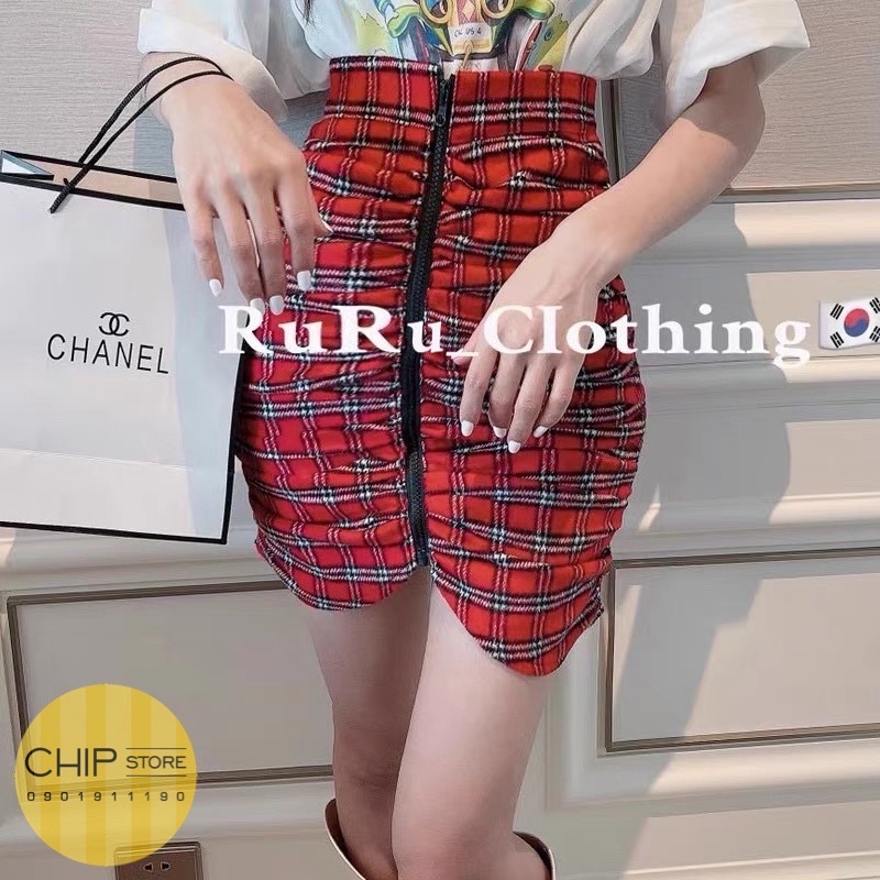 CHÂN VÁY CARO KẺ SỌC BASIC KHOÁ KÉO KOREA - CÓ SẴN