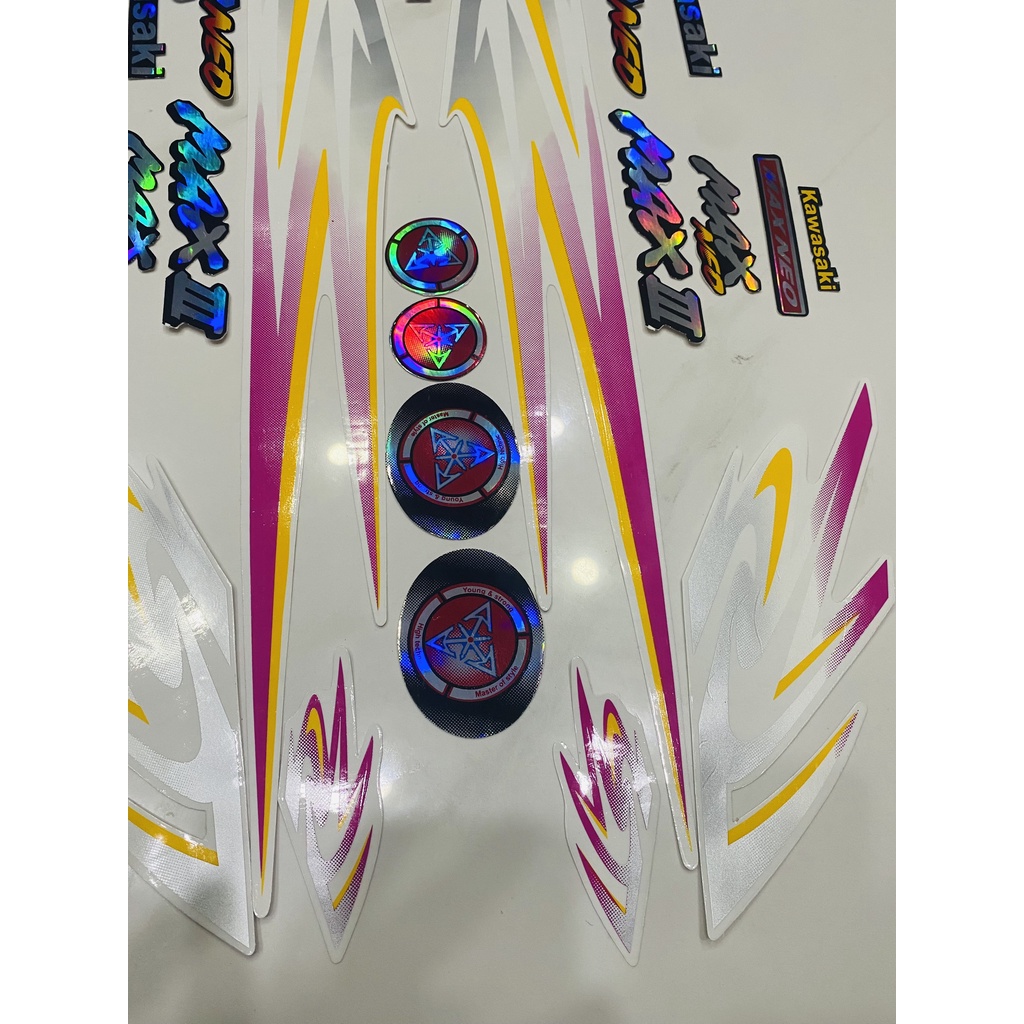 Nguyên bộ tem rời 3 lớp zin thái dán xe máy Kawasaki Max 3 Max III Max neo màu trắng hồng lấp lánh