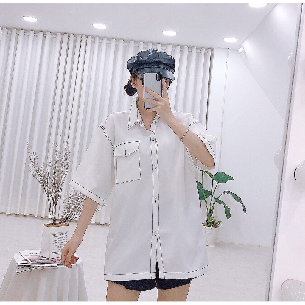 Áo Sơ Mi Nam Tay Lỡ Viền Chỉ Nổi Phong Cách Unisex 2 màu Đen Trắng (ảnh thật)