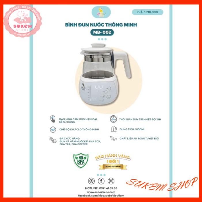 Ấm Đun Nước/ Bình Đun Nước Moaz bébé BPA Free, Có Chế Độ Khử Clo Thông Minh [Hàng Chính Hãng, BH 12 Tháng]