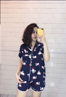 Bộ lụa đùi nữ mặc nhà hình Hạc