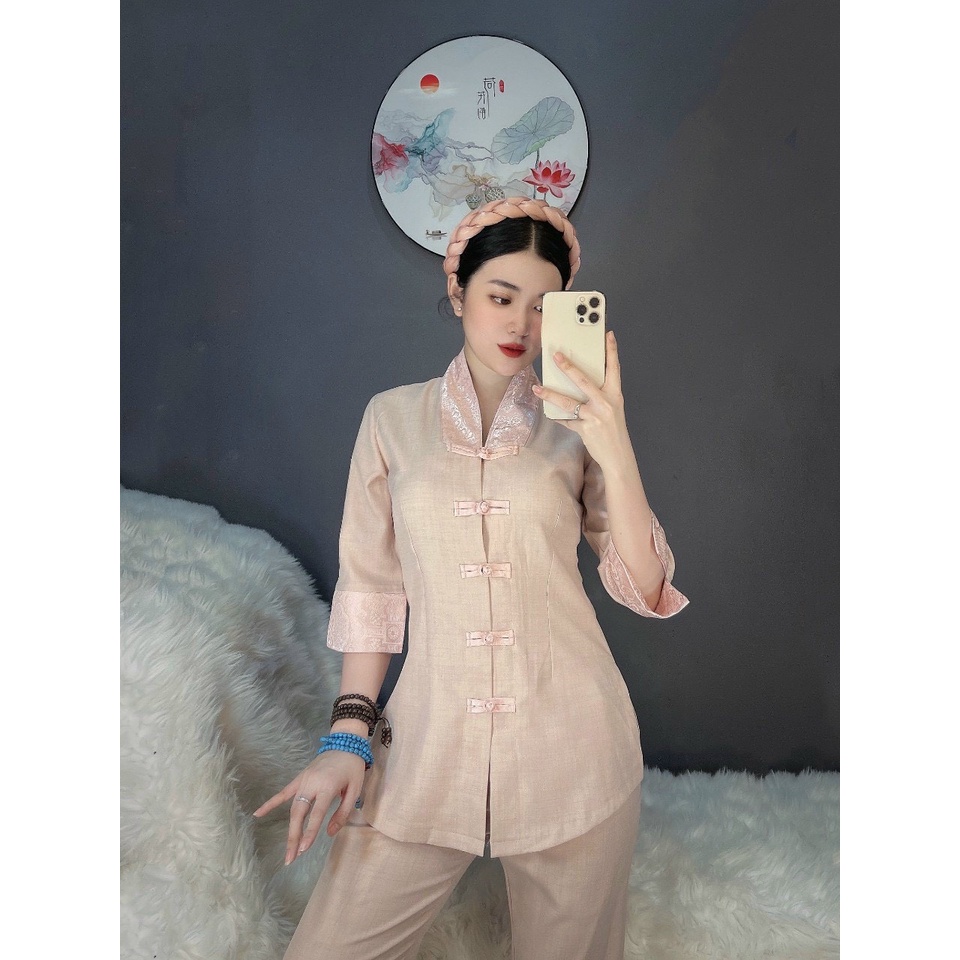 ĐỒ LAM ĐI CHÙA cao cấp #mẫu la hán nữ cách tân vải đũi Hàn dày dặn phối gấm # set phật tử quần áo đi chùa B36