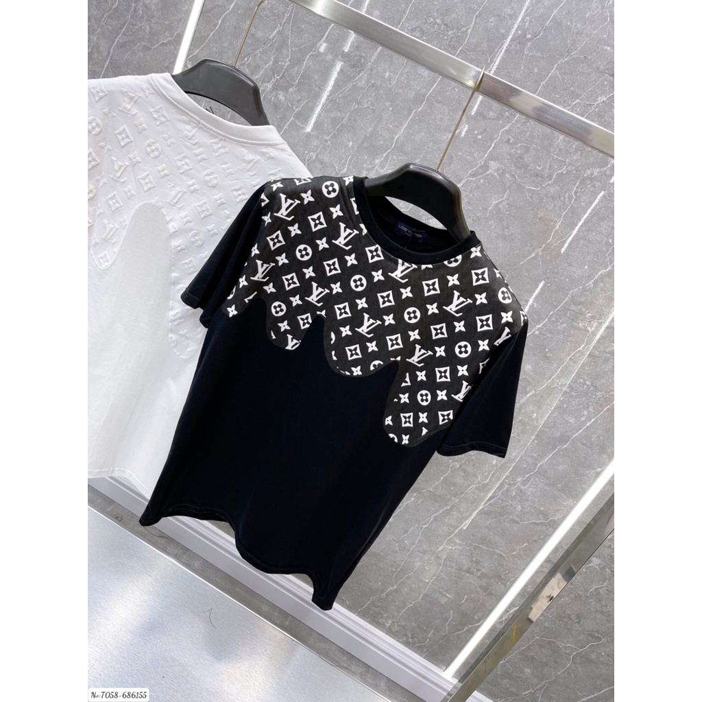 Áo thun tay lỡ LV phối vai họa tiết BIGOMALL - Áo phông nam nữ unisex freesize form rộng 65kg chất cotton