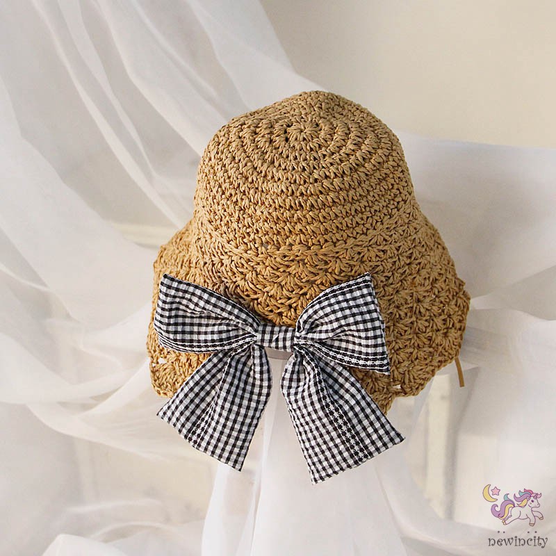 Mũ Cói Thắt Nơ Kẻ Sọc Caro Đáng Yêu Cho Bé Gái