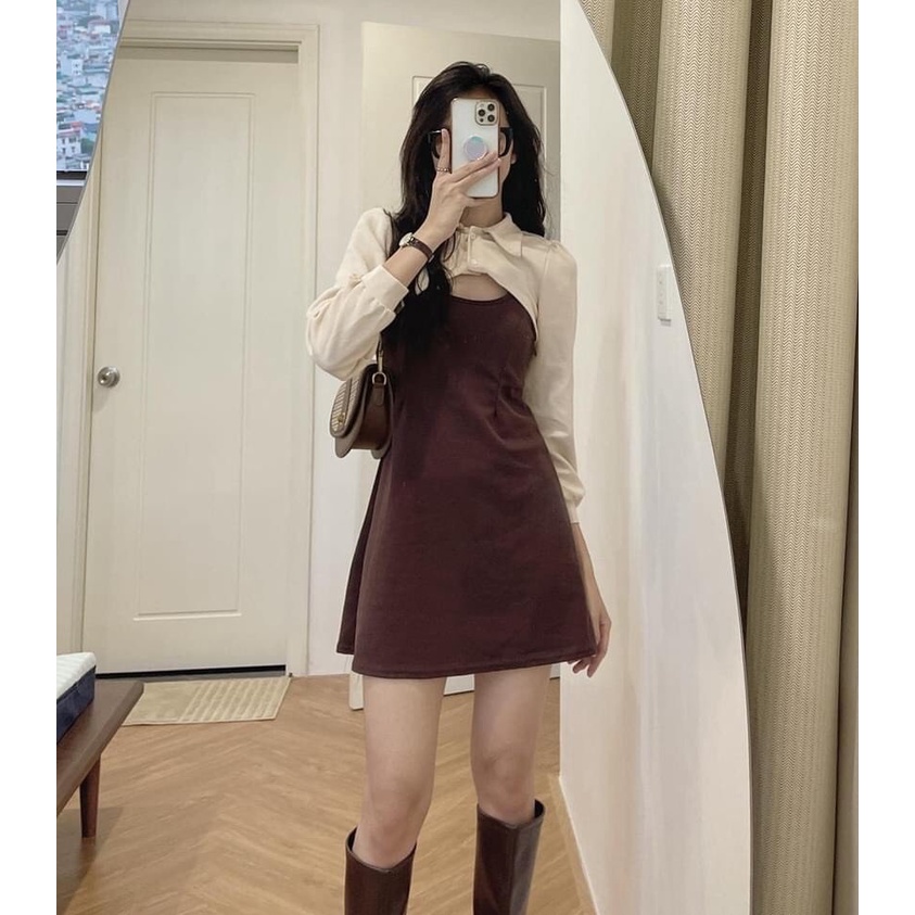 Set váy đầm nữ 2 món cài cúc đen nâu Ylydress freesize dáng A tôn dáng phong cách ulzzang hàn quốc C644 | BigBuy360 - bigbuy360.vn